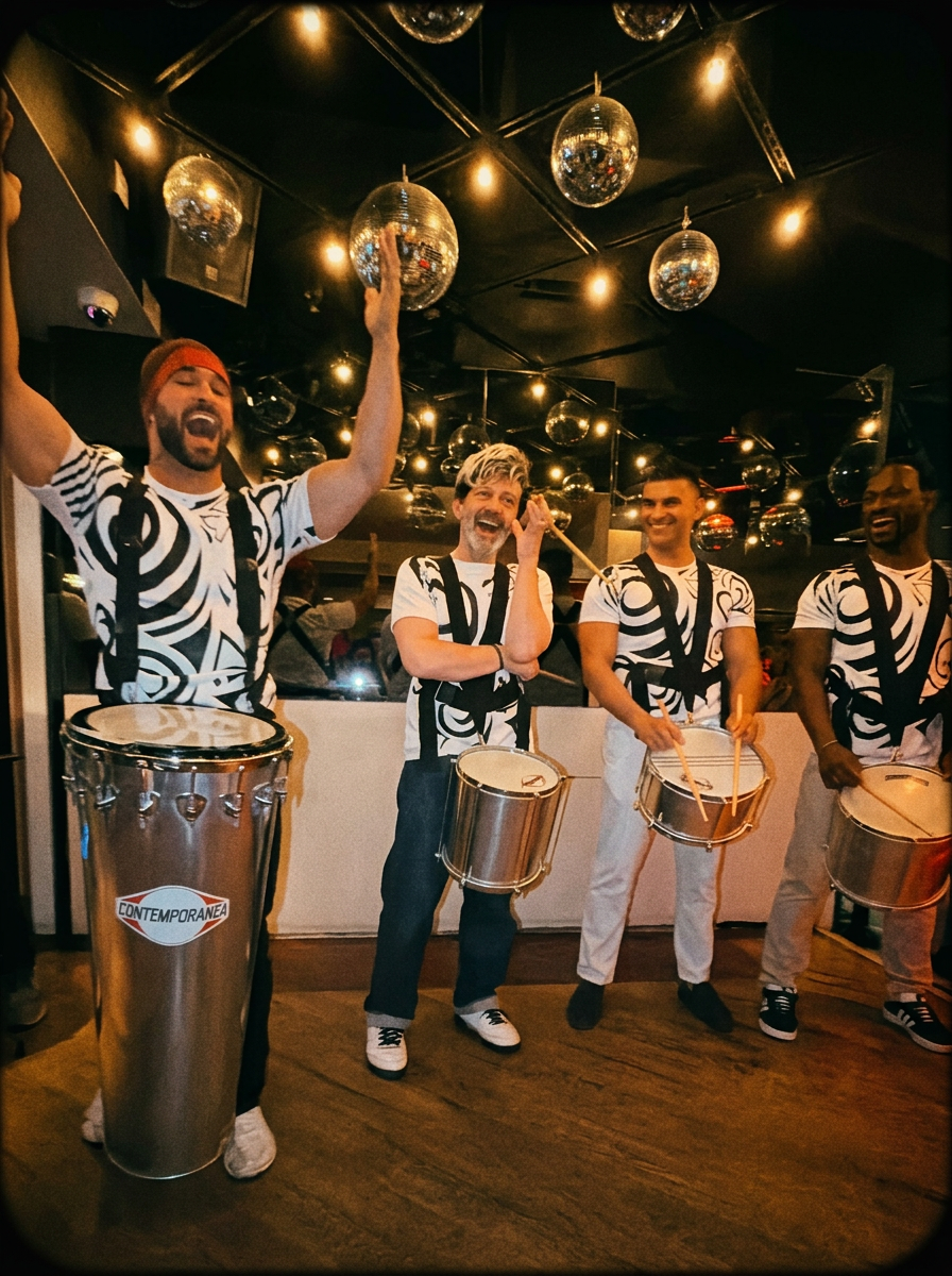 Brasil Club drummers celebrating under disco balls